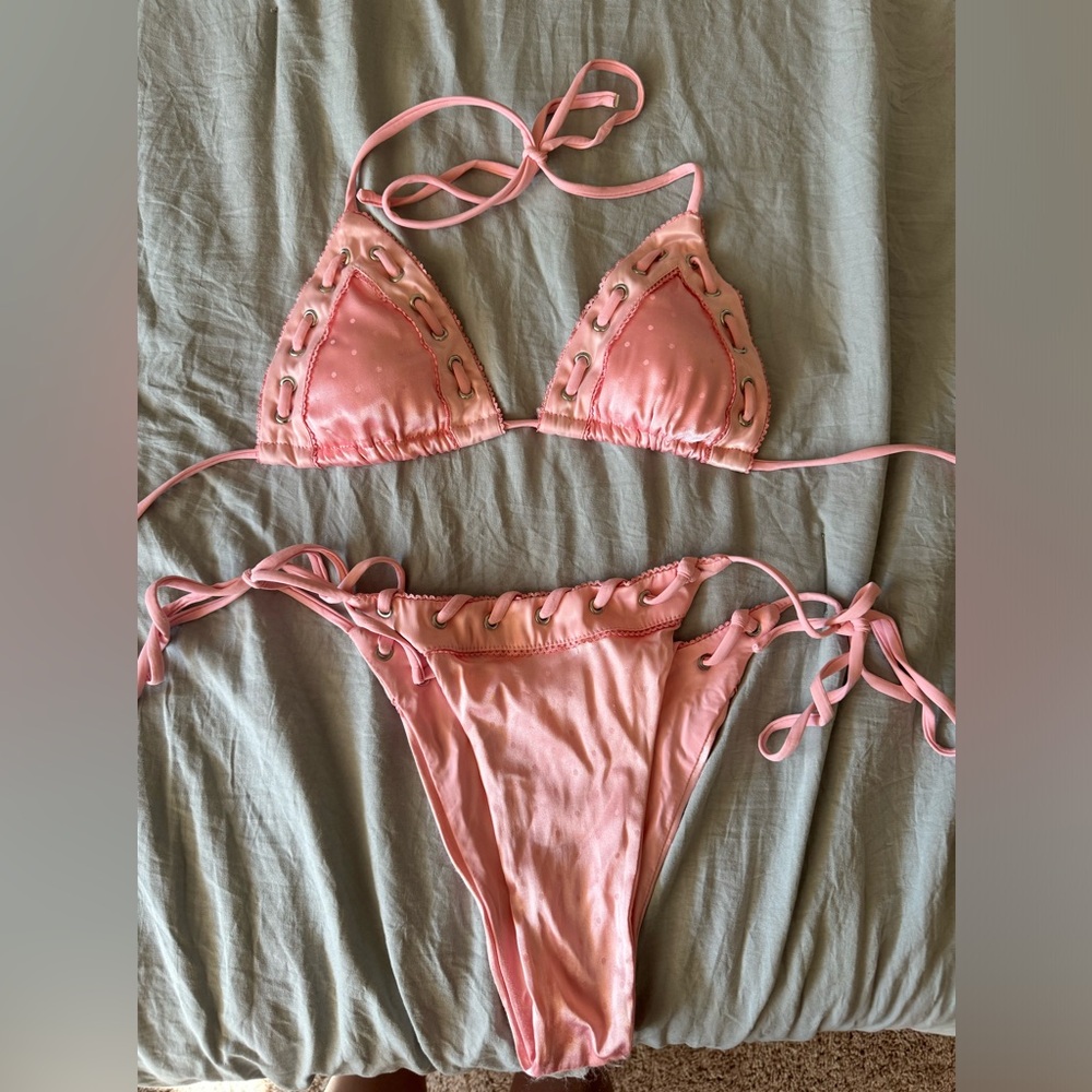 With Jean Juni bikini top and bottom in baby pink